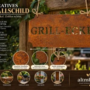 Grill-Ecke Schild Metall Edelrost 29 cm Grillschild Rost Gartendeko zum Hängen