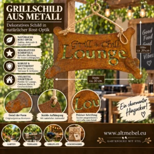 Grill + Chill Lounge Schild Metall Edelrost 30x20 cm Rost Gartendeko Grillschild
