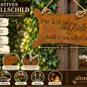 Schild „Der Schlüssel zum Glück“ Metall Edelrost 30 cm Rost Türschild Gartendekoration