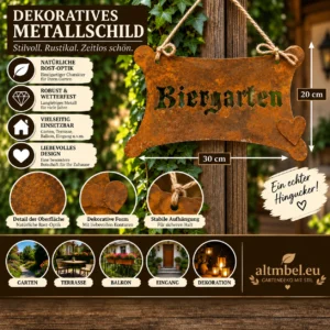 Biergarten Schild Metall Edelrost 30 cm Rost Gartendeko Hängeschild mit Herz