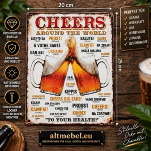 Blechschilder Sprüche 25x20 cm CHEERS Around the world , Beer schilder Deko