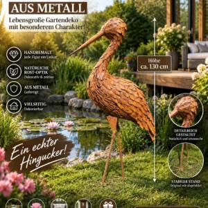 Metall-Storch mit Rostoptik – „Wächter des Gartens“