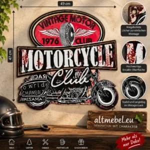 Emailschild Motorrad 49x47 cm Vintage Motorcycle Club Retro Wandschild Garage Dekoration
