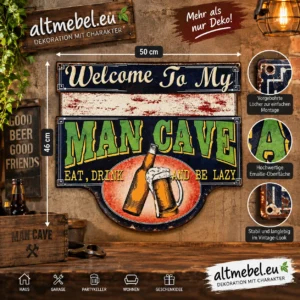 MAN CAVE Emailschild 50x46 cm Vintage Retro Bier Garage Werkstatt Partykeller Dekoration