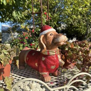 Weihnachts Dackel Figur 43 cm Rot mit Herzen Hund Weihnachtsdeko Gartenfigur